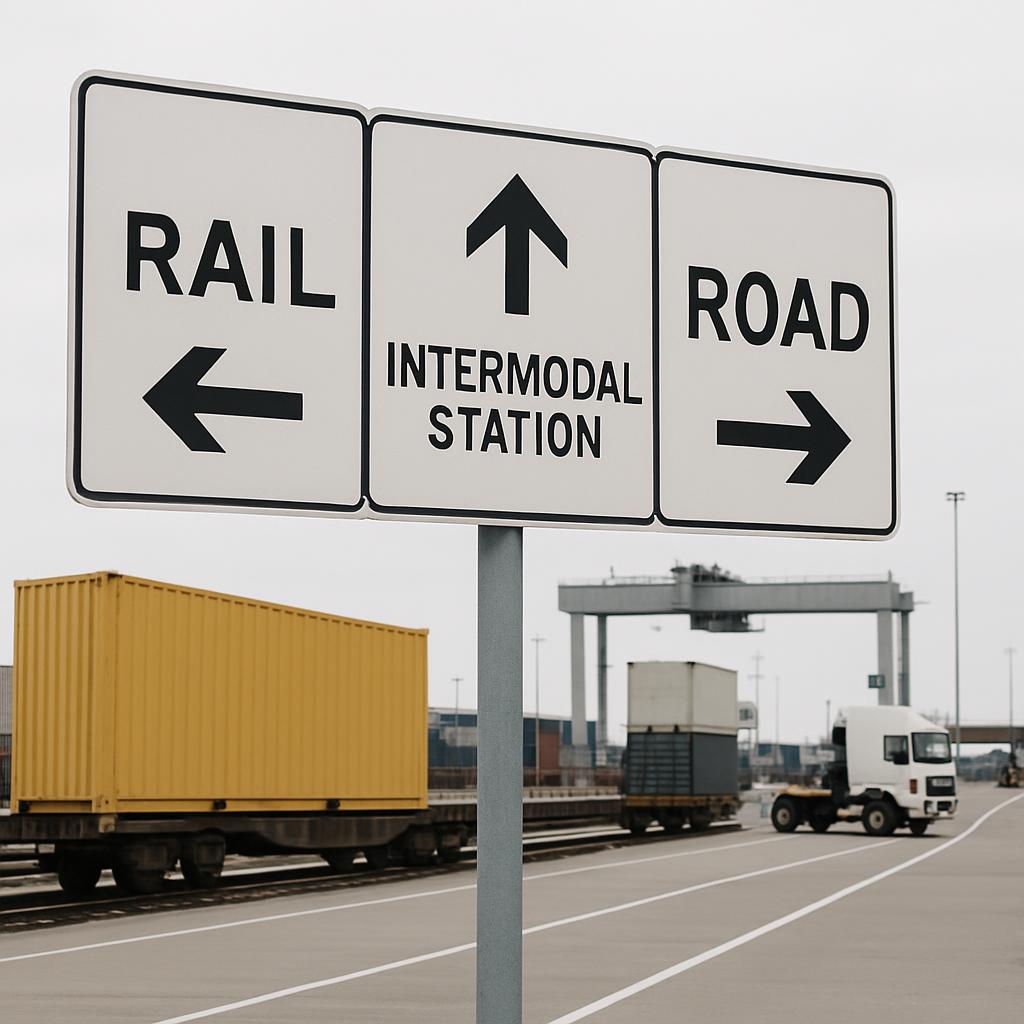 The image shows a road sign indicating directions for rail traffic, intermodal stations.