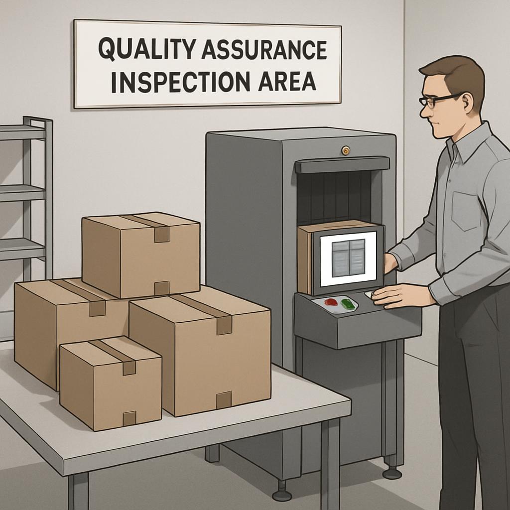 Carton transportation executive inspecting items through a quality assurance scanner, overlooking cardboard packages.