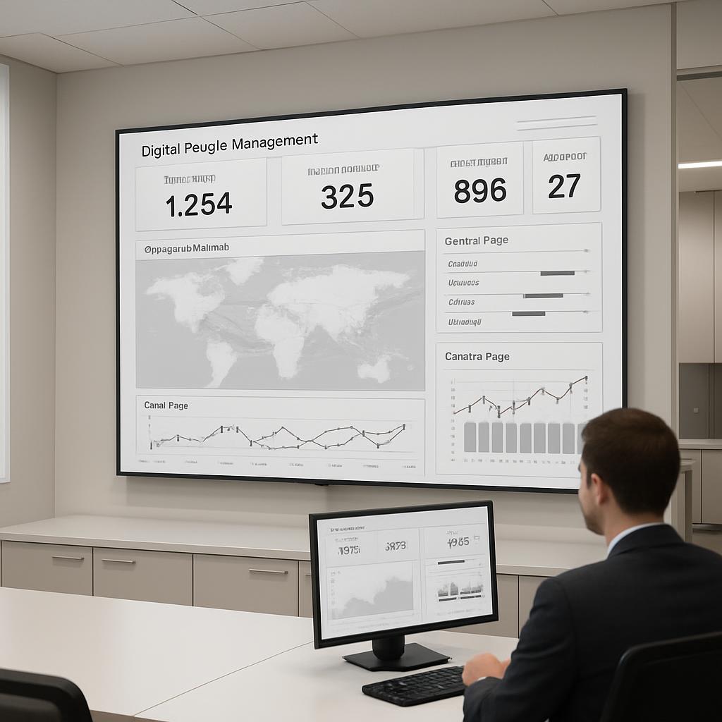 A businessman in a suit sits in front of a computer monitor displaying digital Peugle management charts, surrounded by a k...