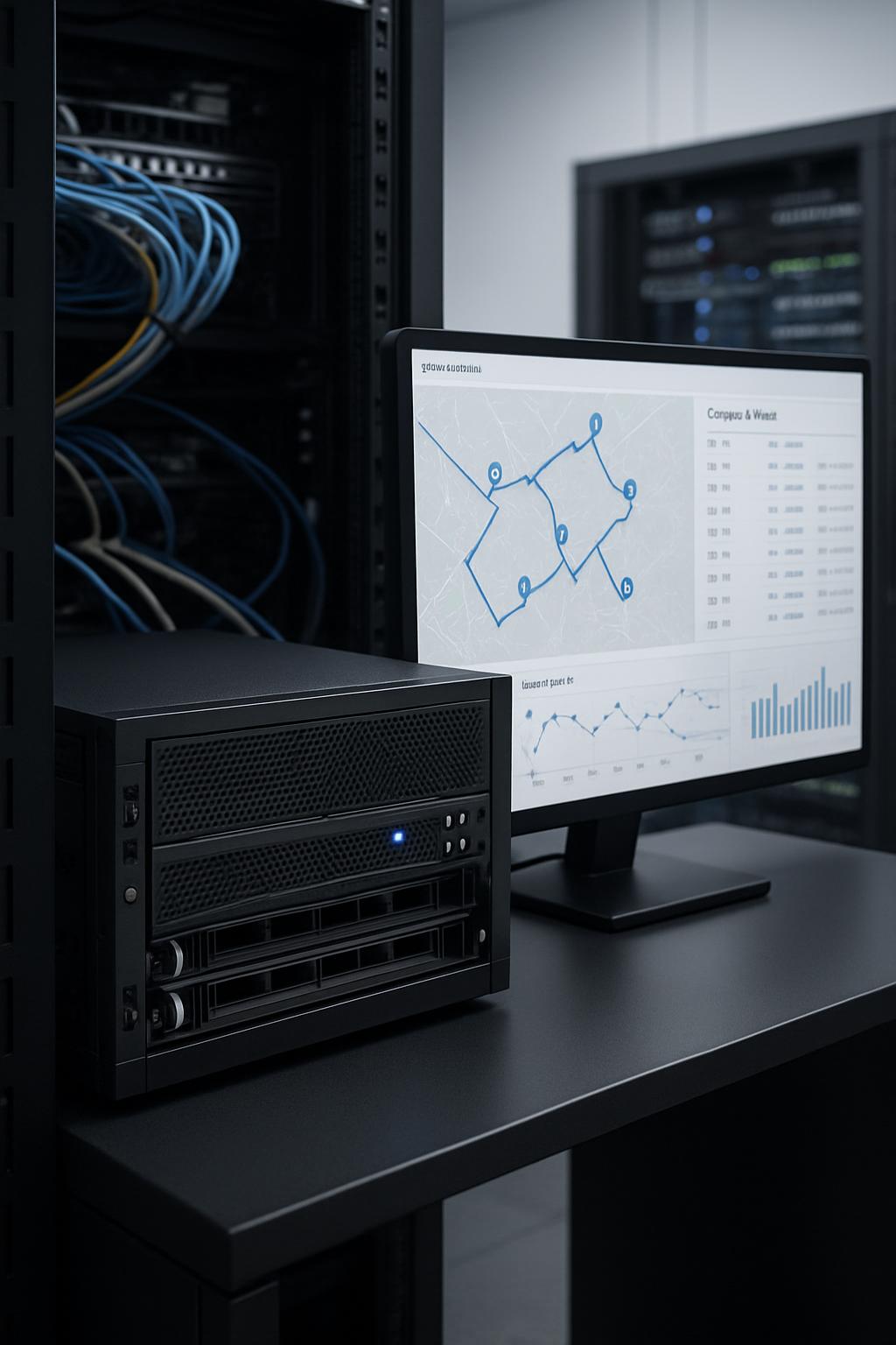A server rack with cables and wires, a computer monitor displaying graphs and charts, and a central processing unit.